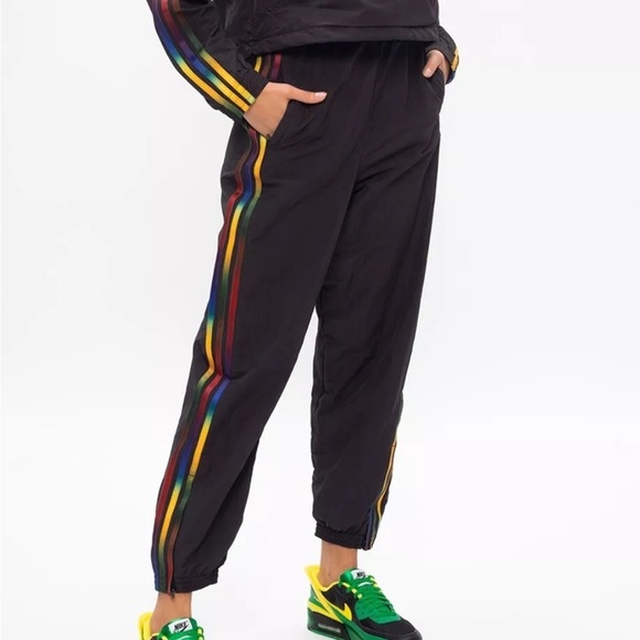 Adidas Originals Womens Adicolor Black Rainbow Stripe Nylon Track Jogger Pants - Picture 1 of 15